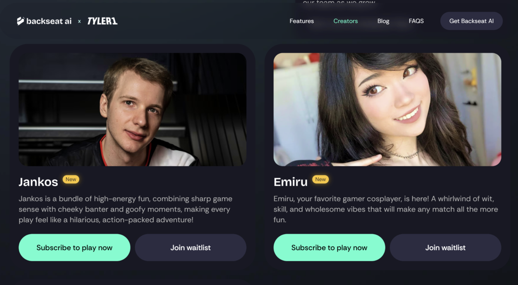 Backseat AI creator selection page featuring Jankos and Emiru alongside Tyler1 branding