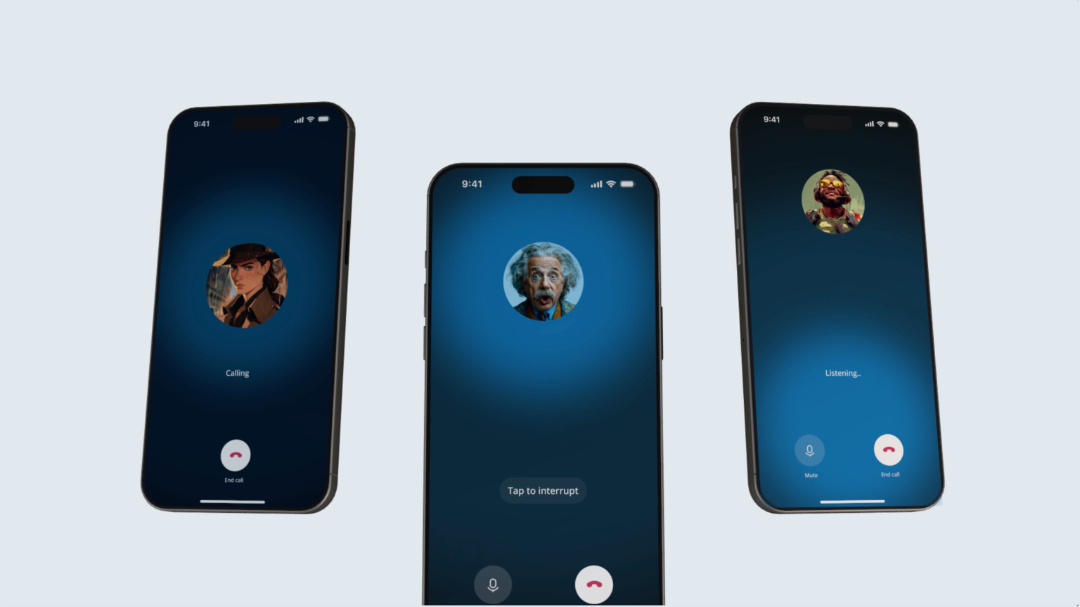 Concept showing Character AI voice calls on three smartphones