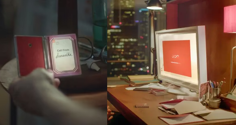 Stills from Her (2013): Samantha's handheld device showing a call from Samantha, and Theodore's desk with her desktop screen