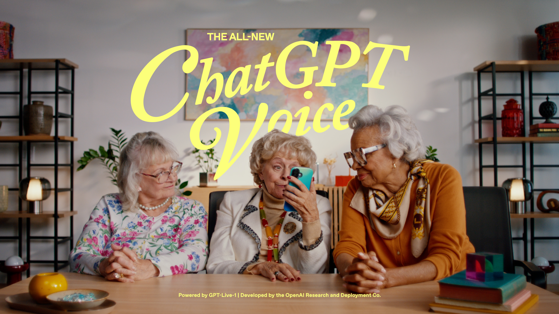 Three grandmothers in the GPT-Live-1 launch video beneath the words 'The all-new ChatGPT Voice'
