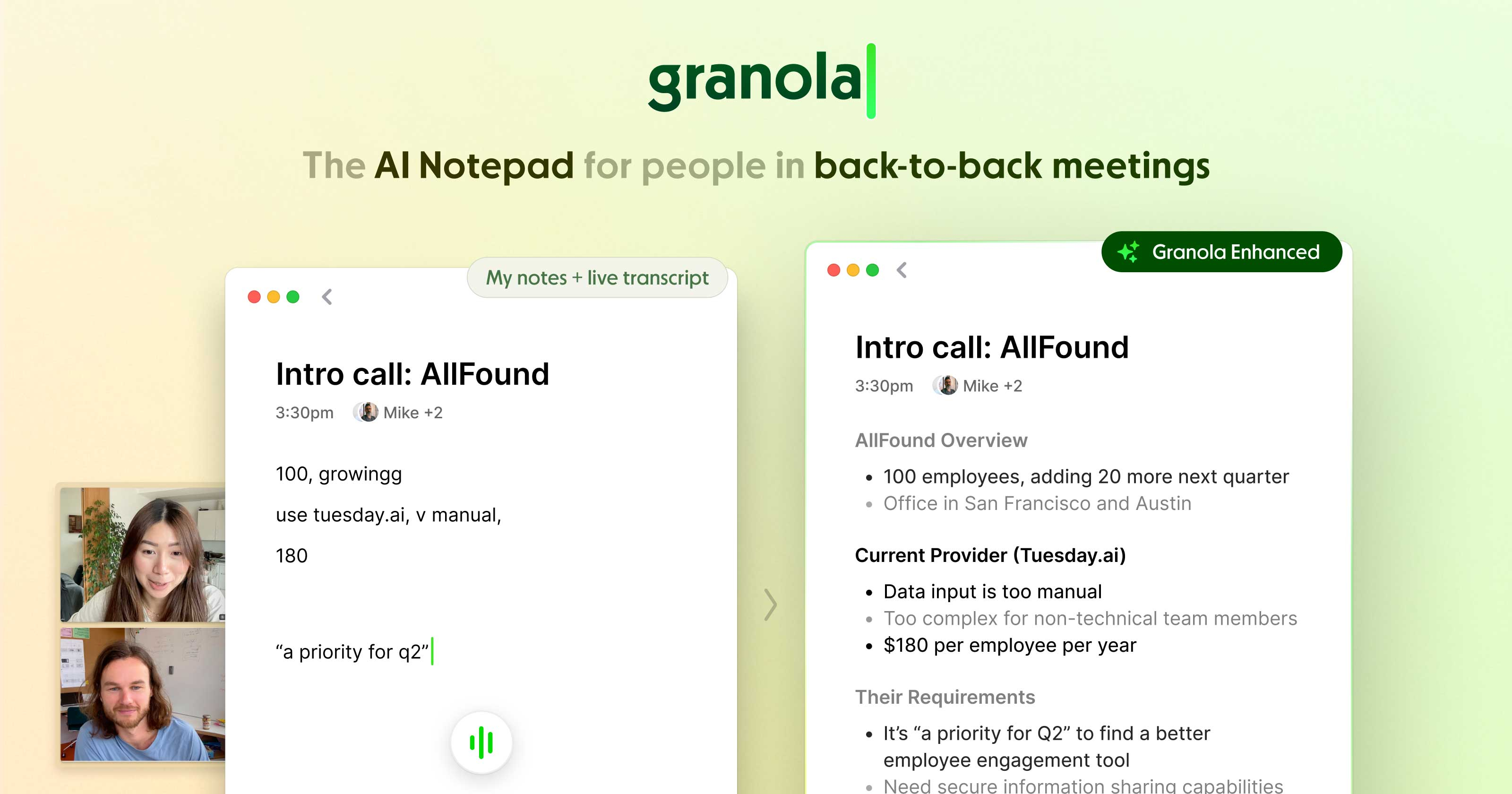 Granola AI Notepad turning a live meeting transcript into organized notes