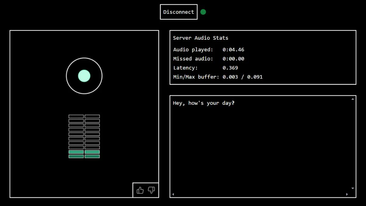 Moshi's live demo interface: a pulsing voice orb, server audio stats showing 0.369s latency, and a transcript reading 'Hey, how's your day?'