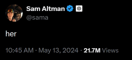 Sam Altman's one-word tweet: "her" &mdash; 21.7M views