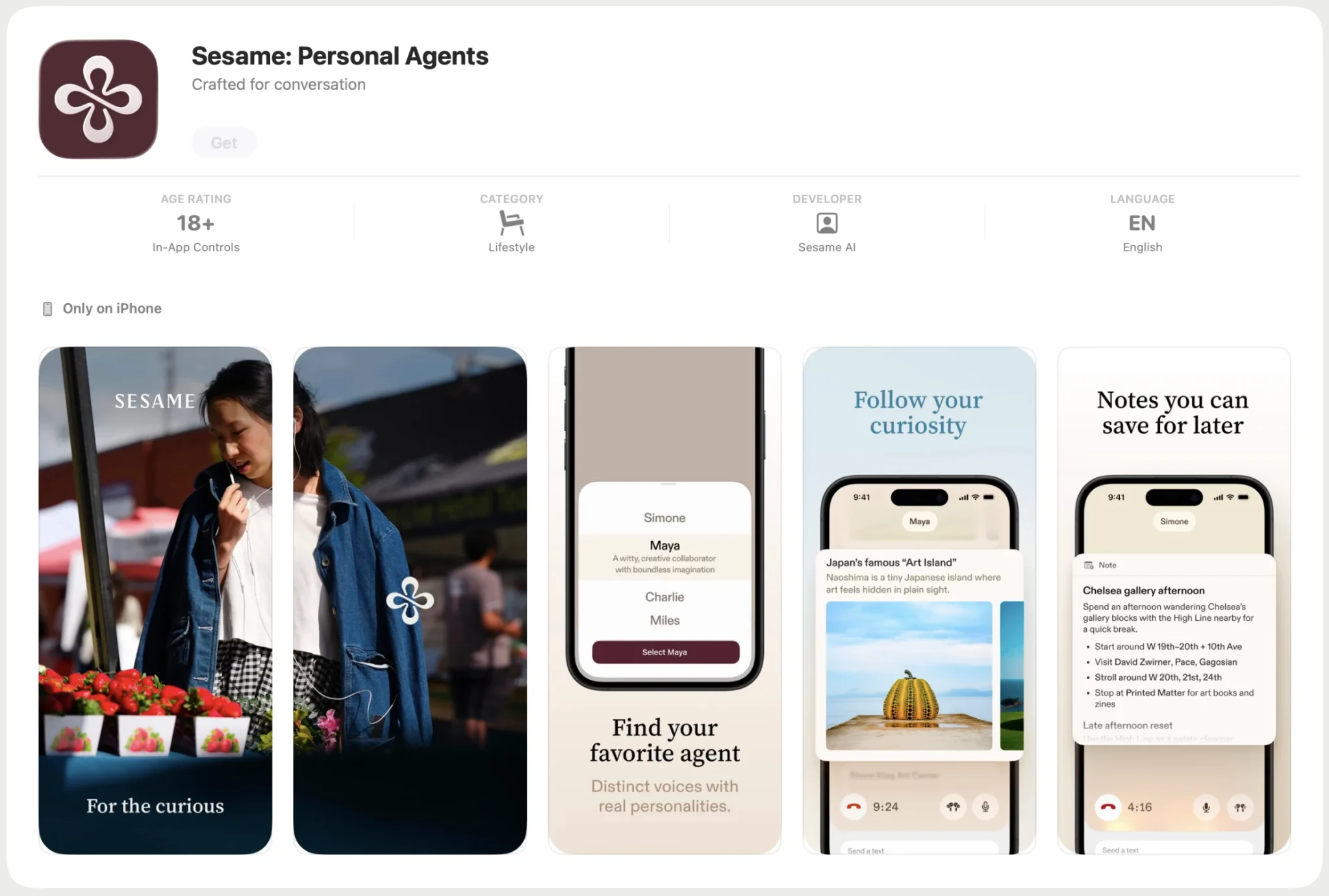 Sesame: Personal Agents App Store listing — 'Crafted for conversation', with screenshots of the Maya and Simone personas
