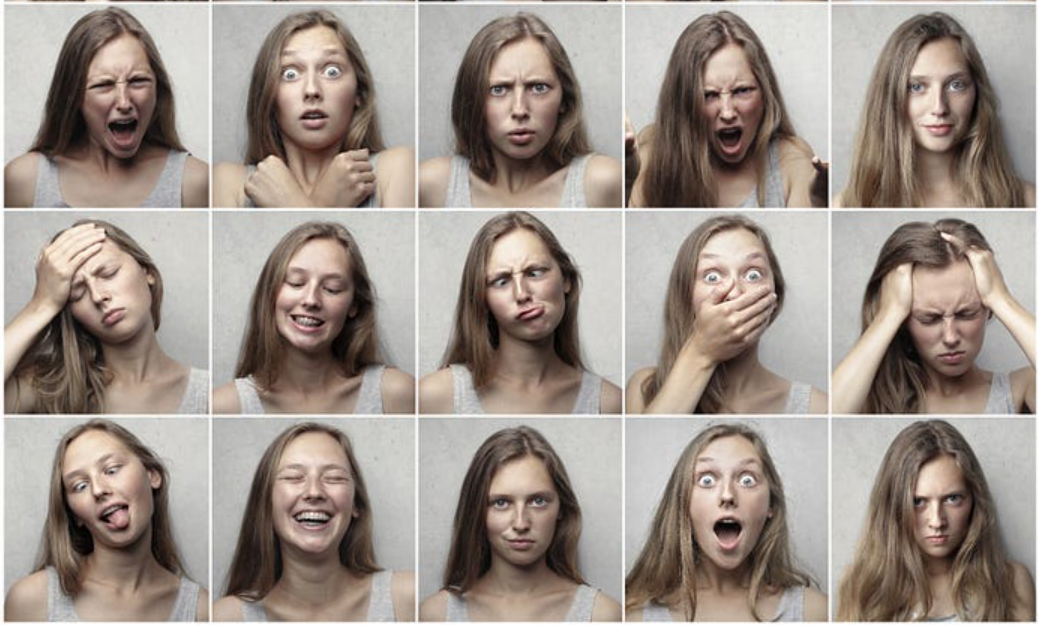 A grid of a woman displaying a range of facial expressions and emotions