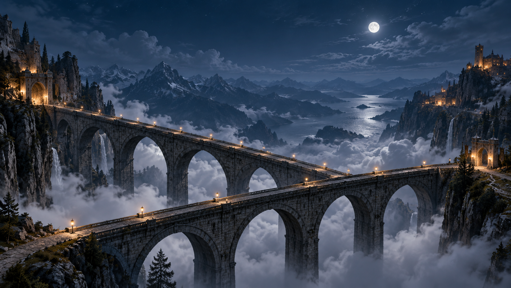 Two stone bridges crossing a cloud-filled gorge at different heights
